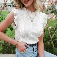 simplee elegant white lace stitching sleeveless top casual solid o neck ruffle summer women tshirt fashion office lady short top
