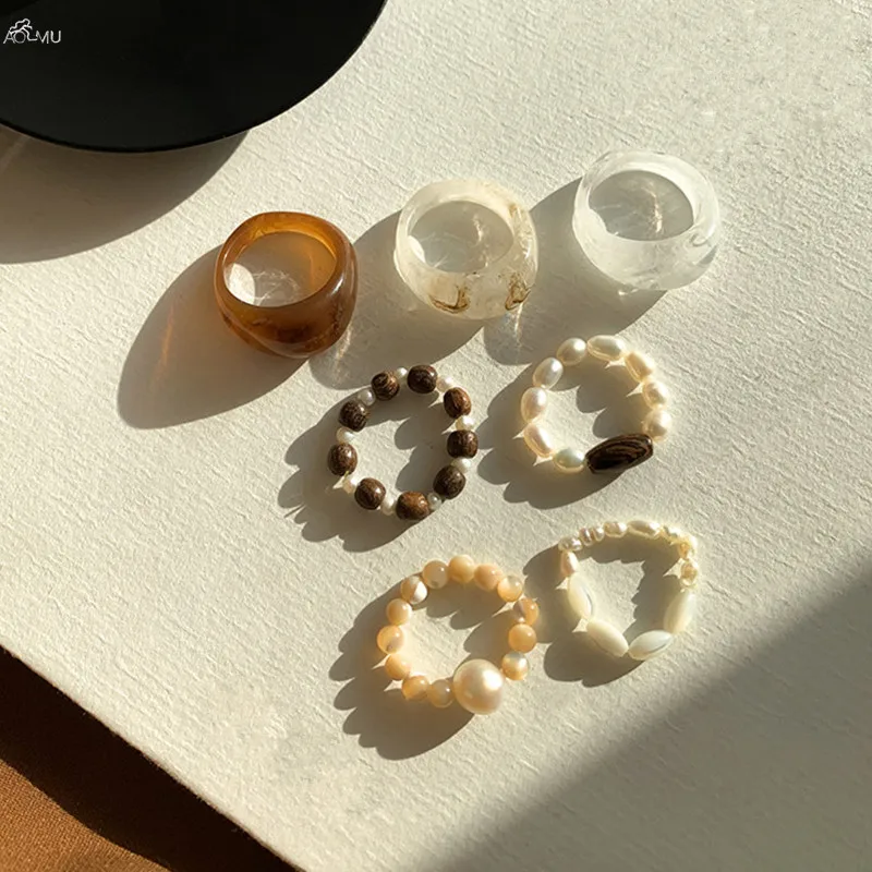 Женское кольцо с жемчугом AOMU Винтажное искусственным и деревянными бусинами