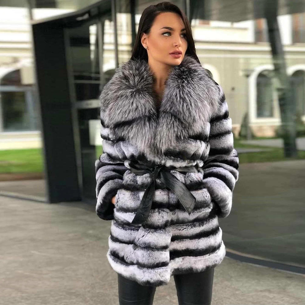 Medium Length Real Rex Rabbit Fur Coat with Silver Fox Fur Turn-down Collar Natural Rex Rabbit Fur Jacket with Leather Belts