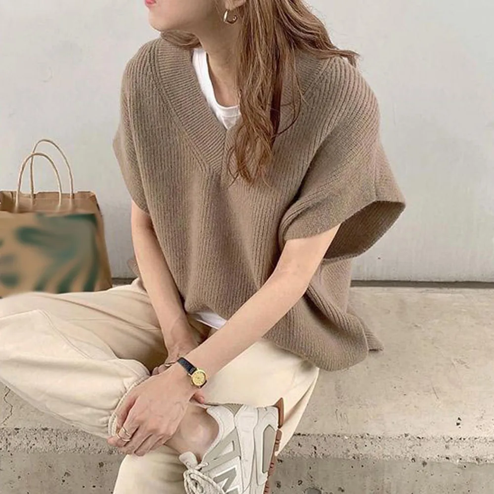 

Simple Puff Sleeve Ladies Fashion Short Sleeve V-neck Dressing Knitwear Vest Sweater Autumn Winter Basic Pullover Split Sweater