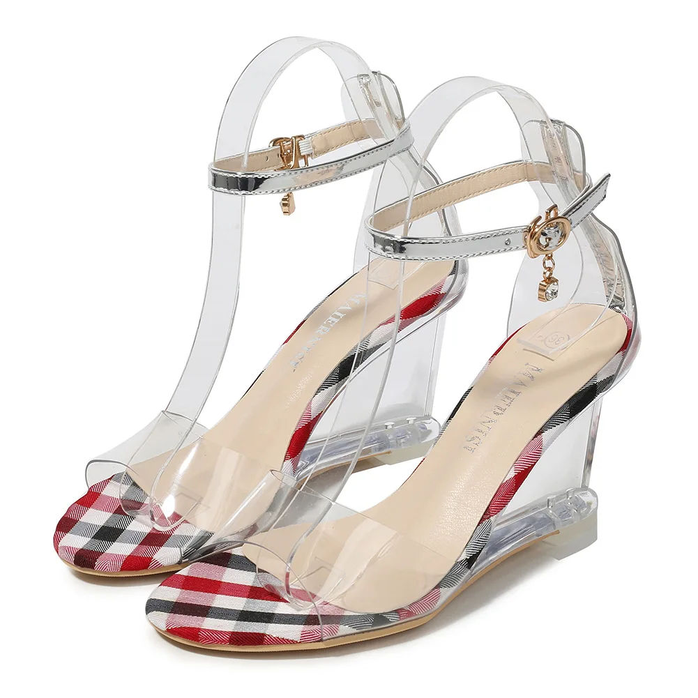 

Summer Transparent Ankle Strap Sandals Crystal Clear Open Toe Buckle Women Pumps Plaid Pattern Sweet Ladies Office High Heels