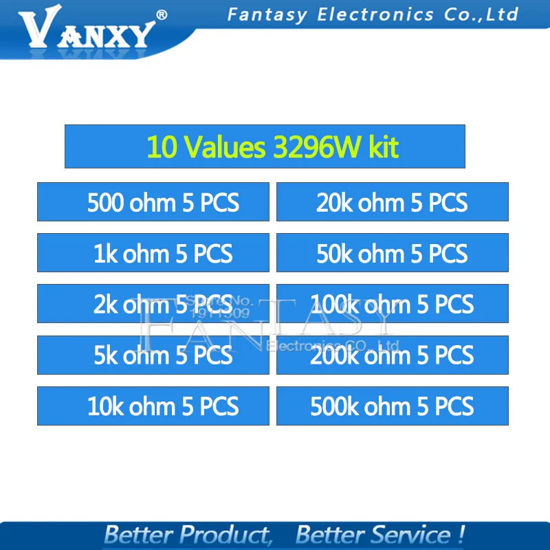 

50pcs 3296W Multiturn Trimmer Potentiometer Kit High Precision 3296 Variable Resistor With Free Box electronic diy kit