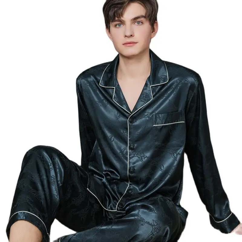 Silk Pajamas Men's Summer Long-Sleeved Trousers Mulberry Silk Casual Thin Section Youth Spring Autumn Ice Silk Home Service