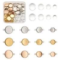 3 colors 36pcs 304 stainless steel flat round cabochon base settings with 24pcs glass cabochons for diy link jewelry making kits