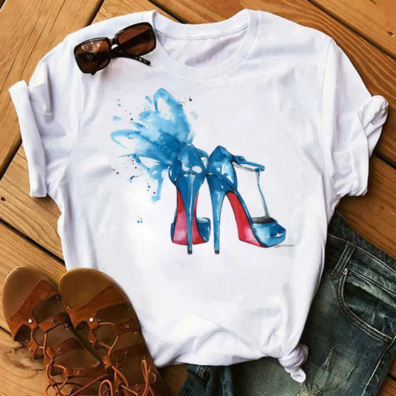 

B17 New Fashion Women T Shirt Red High Heels Shoes and Lipstick Print Vogue T Shirt Female Tops Tee 90s Ladies Tee Shirts T