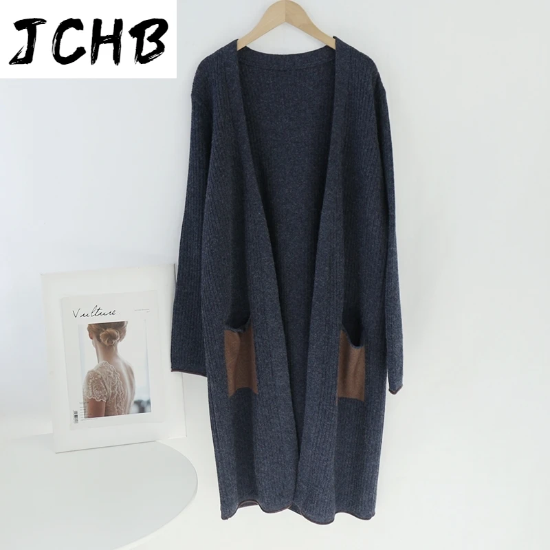 

SHZQJCHB Autumn Winter Vintage Patchwork Long Cardigan With Pockets 2021 Long Sleeve Casual Knitted Sweater Chic Outerwear Coat
