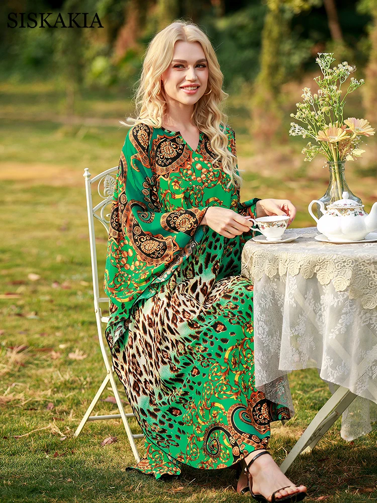

Siskakia Cotton Ethnic Floral Midi Dress For Women Summer 2021 V Neck Batwing Sleeve Loose Plus Size Holiday Beach Clothes Green