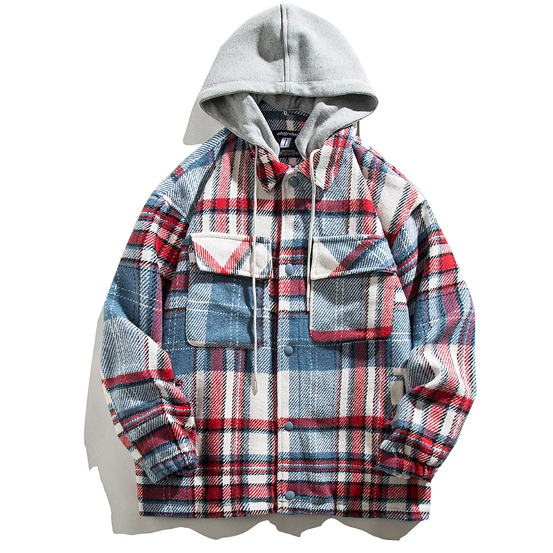 

Plaid Hooded Jacket Coat Men Japanese Streetwear Harajuku Varsity Shirts Pocket Vintage Fashion Korean Oversized Rock Jacket