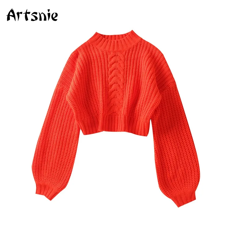 Artsnie Winter Turtleneck Sweater Women Lantern Sleeve Warm Pull Femme Hiver Sweet Red Knitted Cropped Sweaters Jumper Female | Женская
