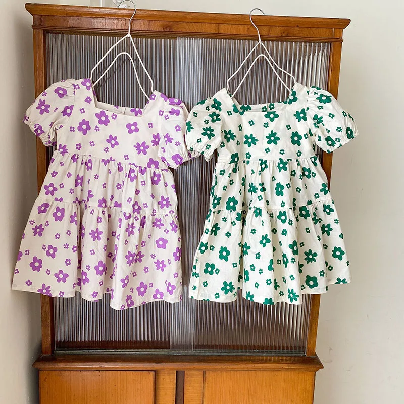 

Summer New Girls Dresses Floral Square Collar Ruffle Short Sleeve Sweet Clothes for Girls
