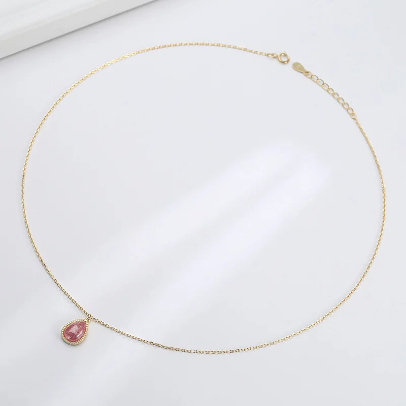 

S925 Sterling Silver Necklace Women Clavicle Chain Drop-shaped Pink Crystal Pendant
