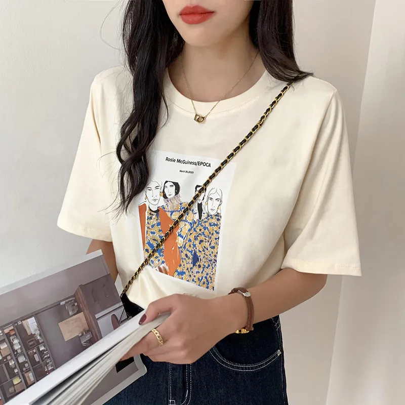 

Print Loose T-Shirt Clothes Women's Loose Short-Sleeve Pullovers Female Casual Round Neck Tees t Shirt Tops Summer Ropa Mujer