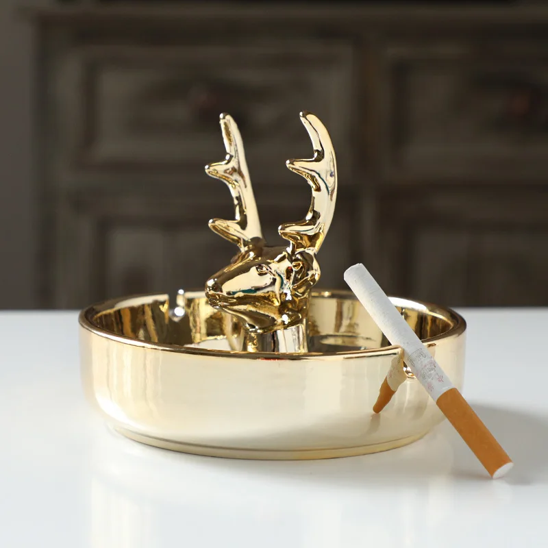 

Ceramics Ashtray Golden Deer Head Round Simulation Animal Head Desktop Storage Organization Modern Home Decoration Ash Tray
