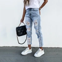rippedjeans womens streetwear jeans fashion straight leg ripped raw edge nine point female jeans casual raw edge ripped jeans