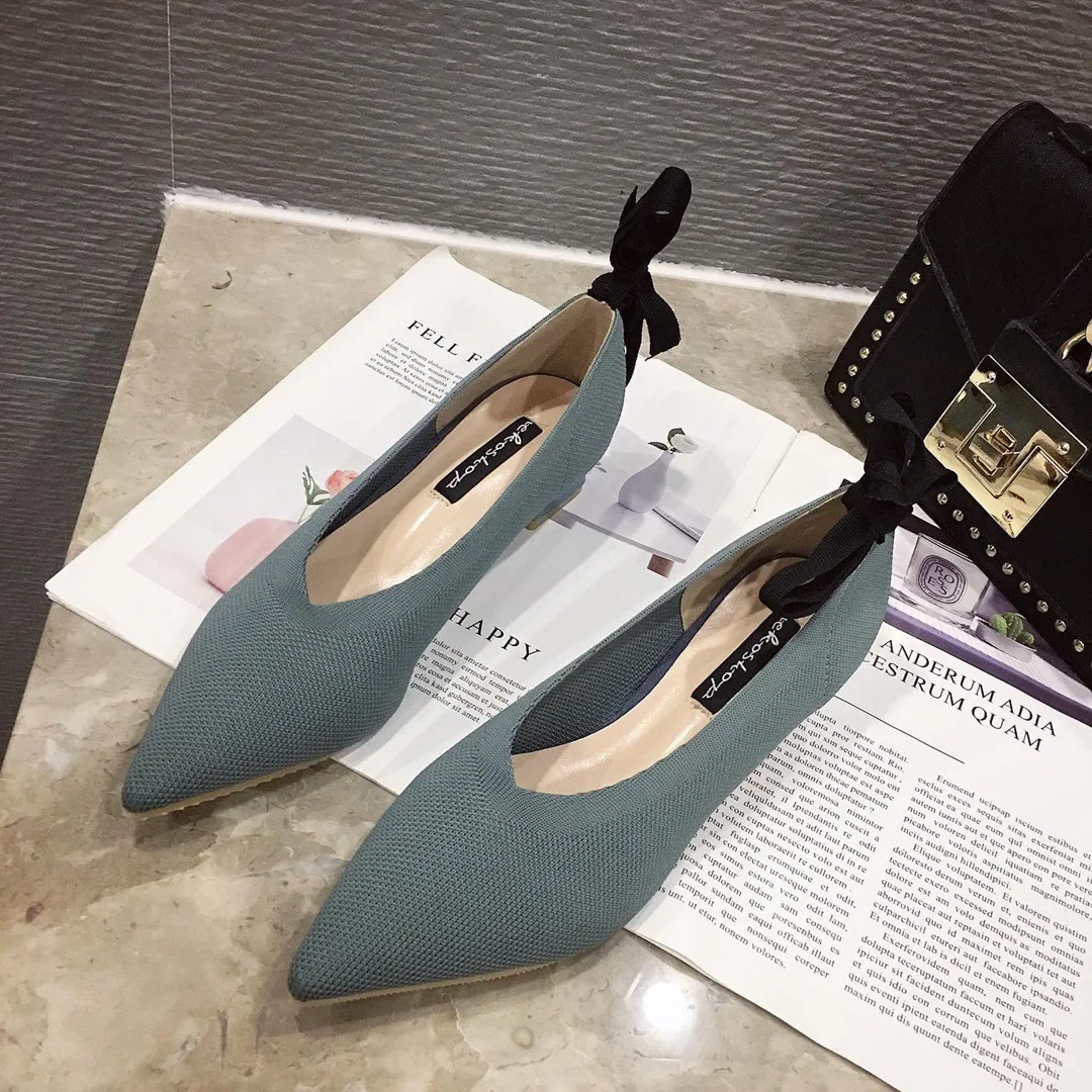 Туфли-лодочки с сетчатым бантом на низком каблуке однотонная обувь коллекция 2019