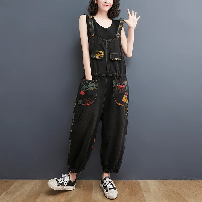 

#1432 Black Blue Long Jumpsuits Ladies Drawstring High Waist Vintage Denim Jumpsuits Women Multi-pockets Casual Jeans Jumpsuits