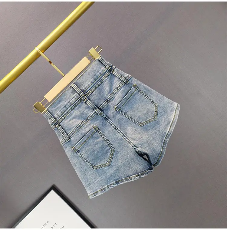 

2021 Spring Summer European Exquisite Rhinestone Denim Shorts Fashion New High Waist Slim Fit Short Jeans Wide Leg Hot Pants