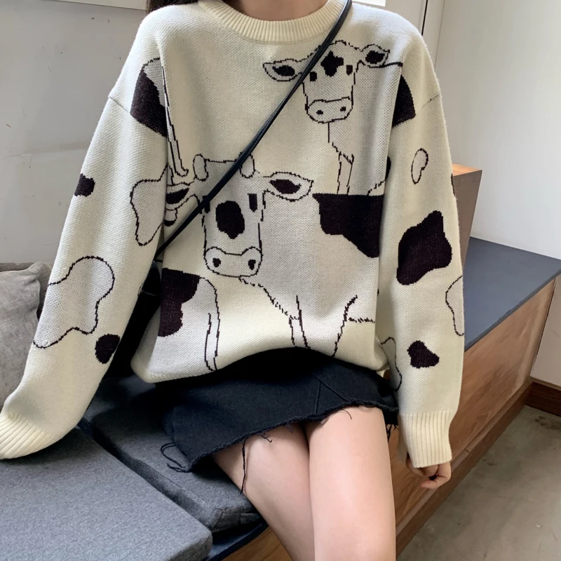 

Harajuku Sweaters Women Winter 2021 Kawaii Cute Knit Pullover Casual Korean Cow White Tops Female Ulzzang Clothes Vintage Jumper