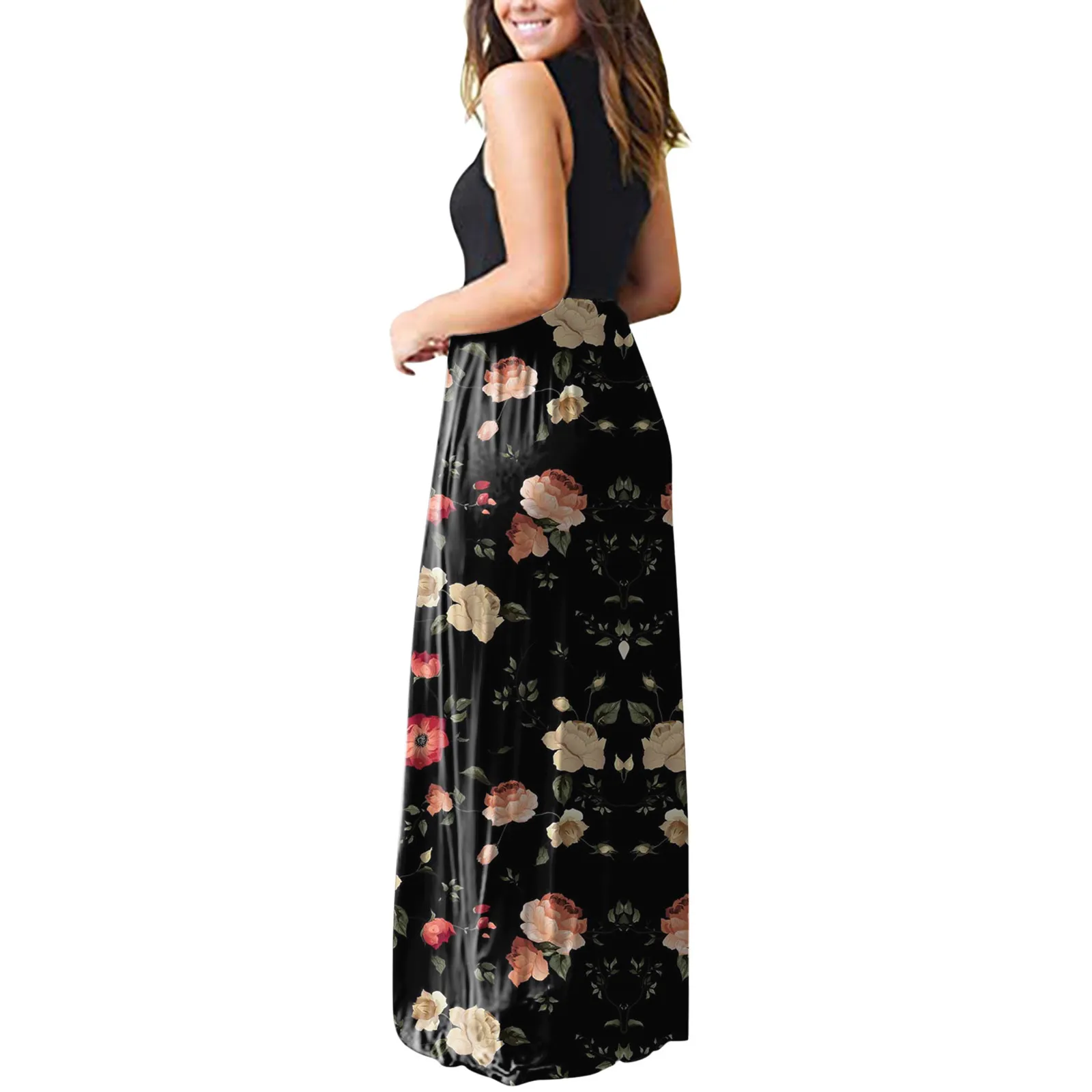

2021 New Floral Dress Summer Women's Sleeveless Pocket Casual Floral Printing Beach Long Dress Women Loose Beach Dress