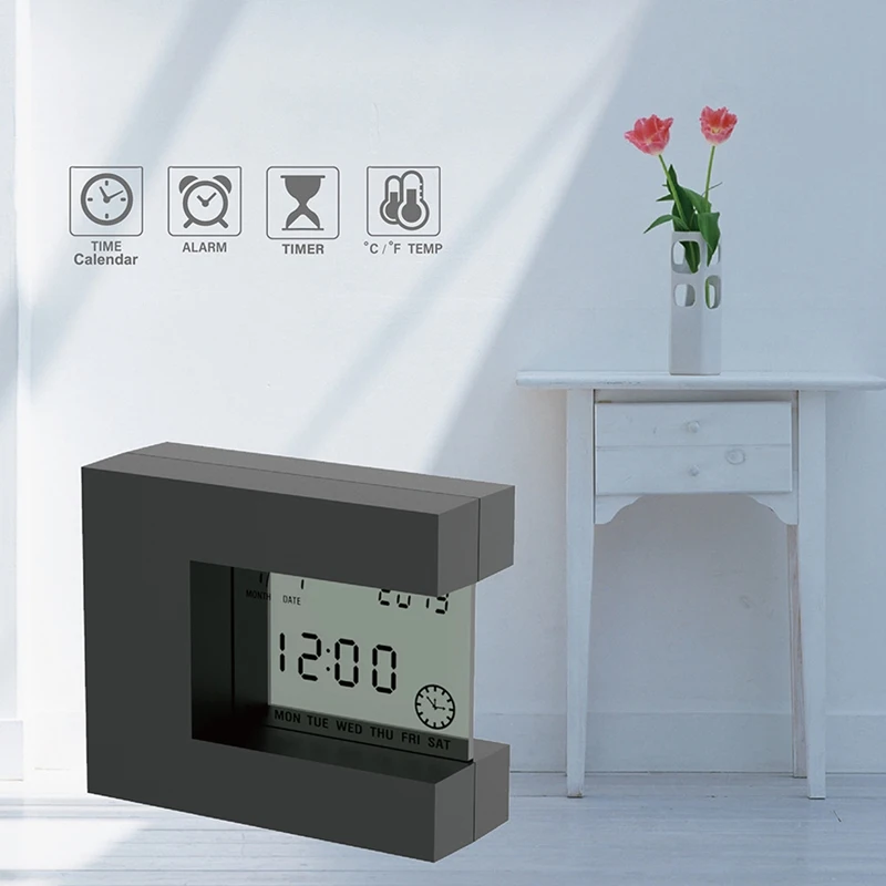 

Simple LCD Calendar Alarm Clock Home Bedroom Office Built-in Temperature Rotation Sensor Perpetual Calendar