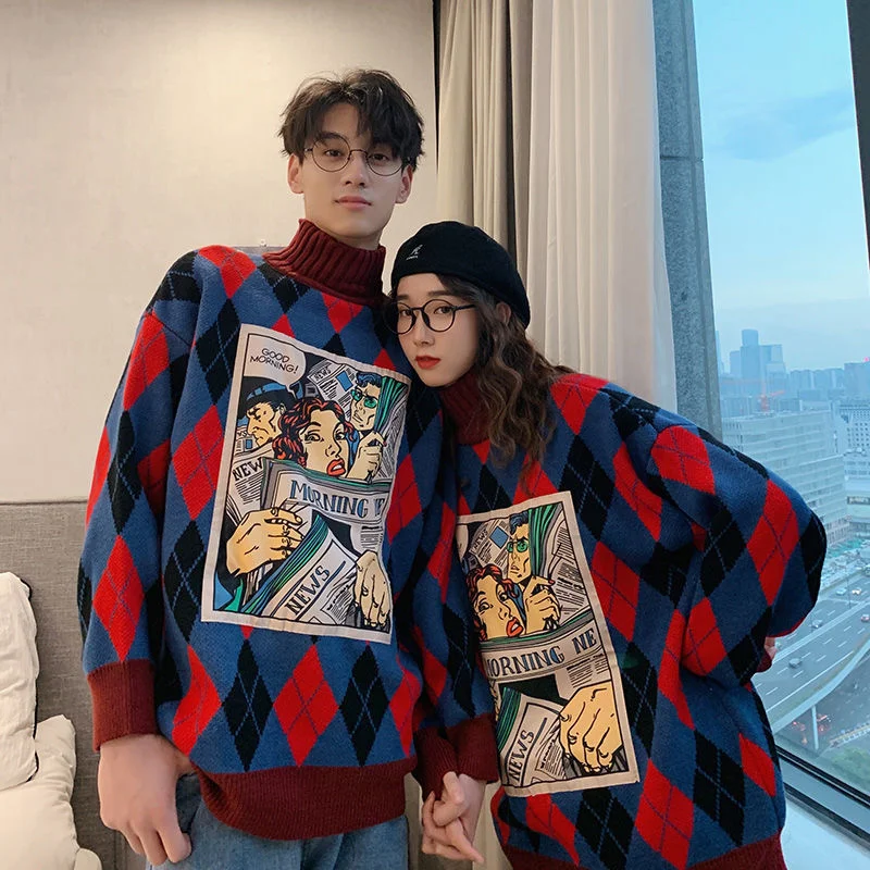 

Thick High-neck Knitted Sweaters Long Sleeve Trend Loose Oversize Argyle Printed Cartoon Outer Wear Men's Clothing Autumn Winter