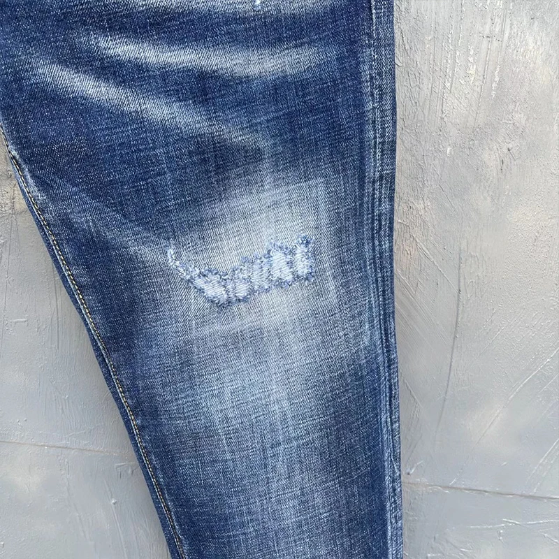 

Italian fashion DSQ stard2 four seasons denim men's perforated paint jeans slim blue elastic straight leg pants high quality