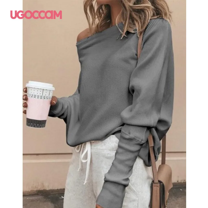UGOCCAM женская блузка с длинным рукавом и круглым вырезом размера плюс серая
