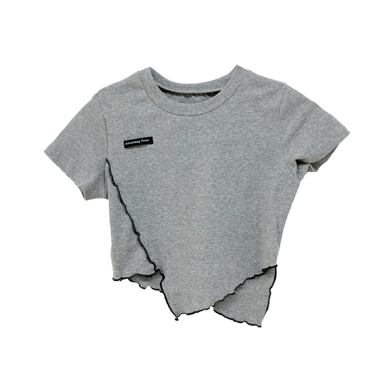 

WOMENGAGA Korean Crew Neck Short Sleeve Slim Irregular T-shirt Women Summer Contrast Edible Tree Fungus Open Navel Tops S9KV
