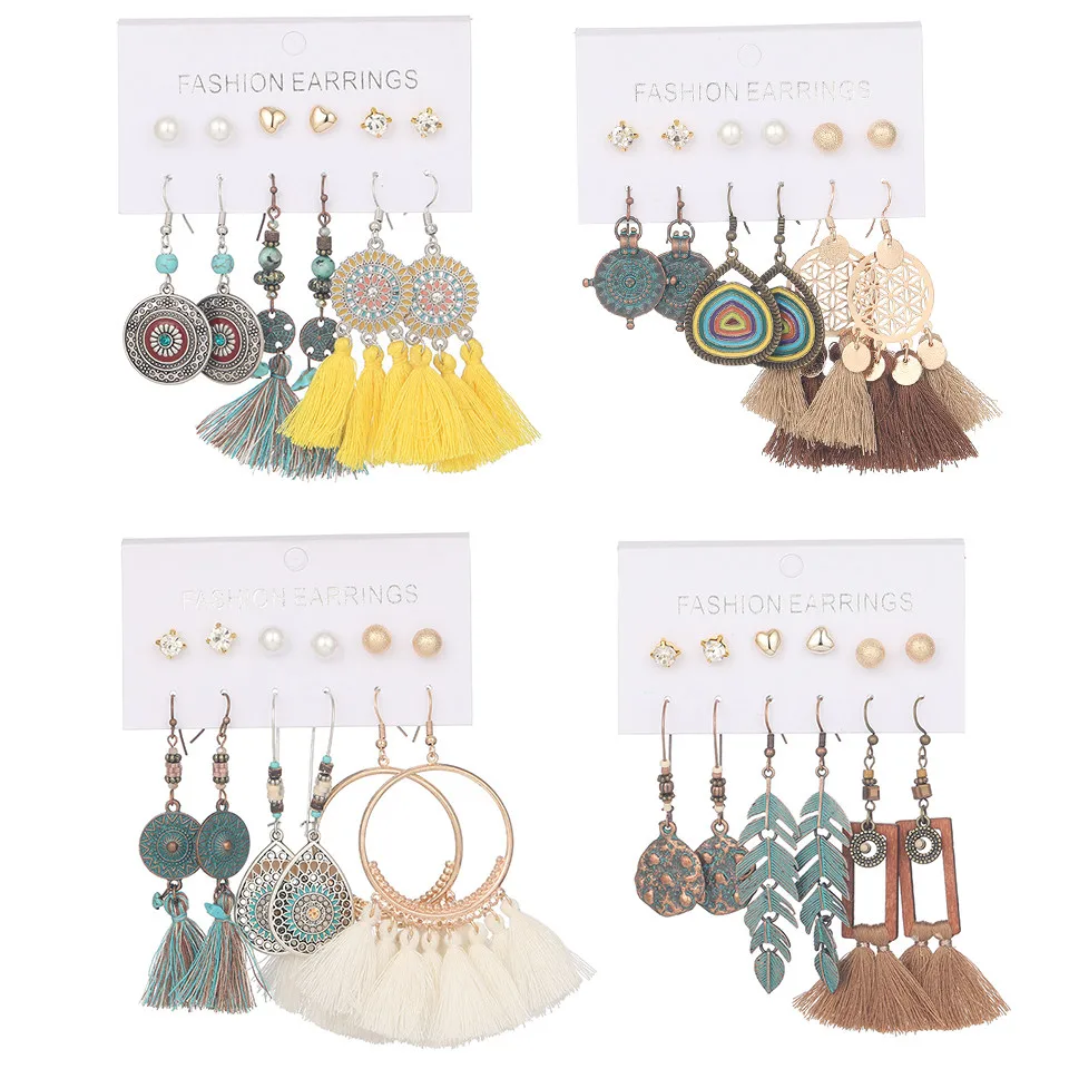 

Wholesale 20Pairs/9Pairs/6Pairs Mixed Styles Crystal Round Stud Earrings Set For Women Girls Jewelry Long Tassel Drop Earrings
