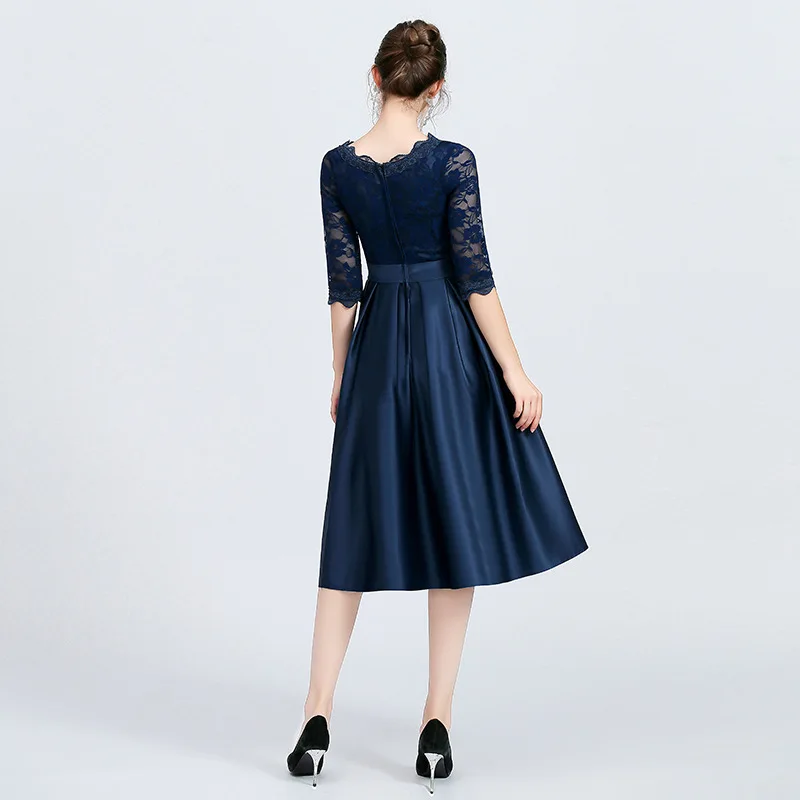 

Women's wedding party dress plus size O neck lace half sleeve satin formal prom evening dress for New Year 2021 cocktail dress