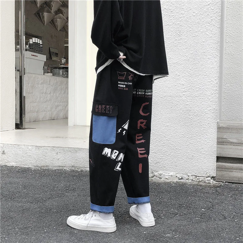 

2021New Straight Denim Jeans Men Graphic Printed Jeans Streetwear Jeans Man Wildleg Pants Hip Hop Korean Harajuku Fashion Pants