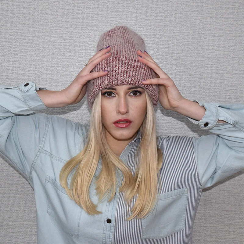 

Winter Knitted Thick Hats for Women Casual Soft Warm Angola Rabbit Fur Beanie Bonnet Womens Gorros Mujer Invierno