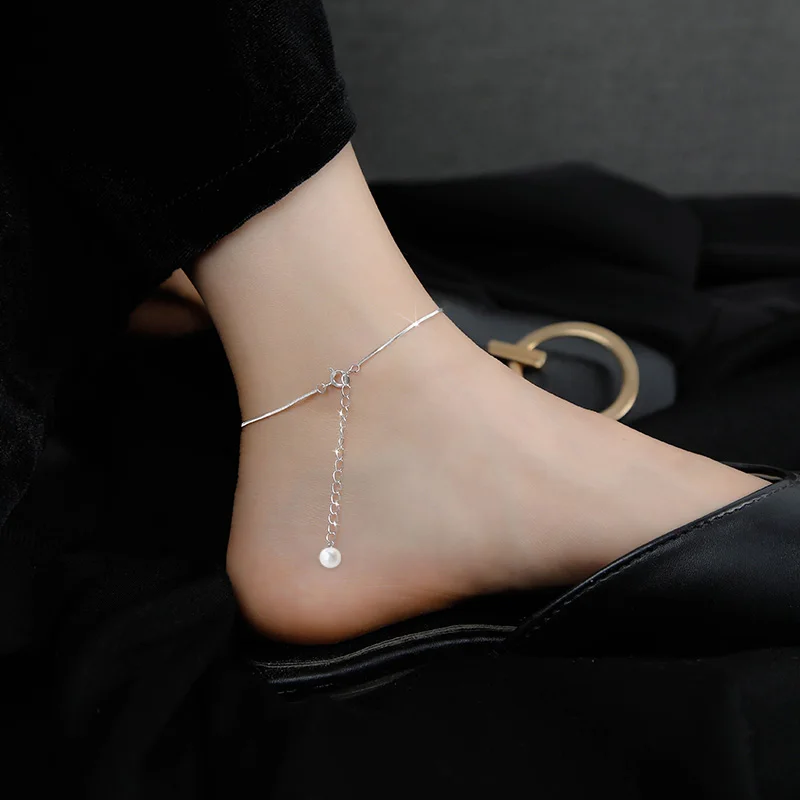 Браслет на ногу женский из серебра 925 пробы с круглыми шариками и