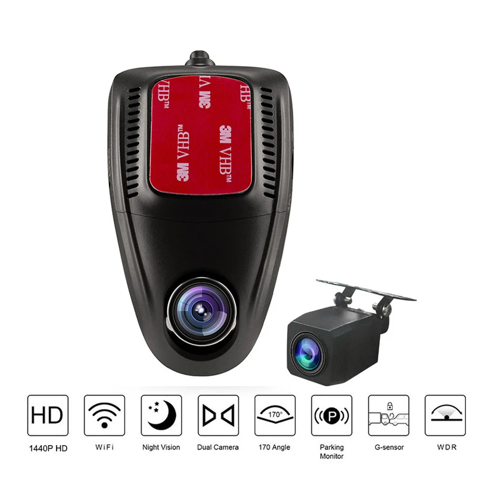 

Автомобильный видеорегистратор 2,0 дюйма Full HD 1440P Wi-Fi с двумя объективами и камерой заднего вида