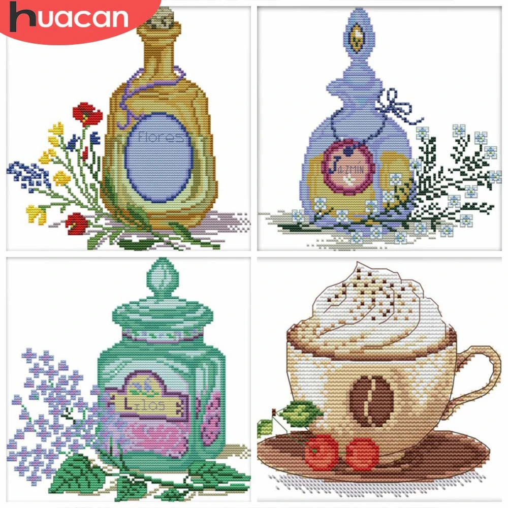 

HUACAN набор кофейных чашек с крестиком, белый холст, украшение для дома, набор с вышитыми цветами, рукоделие 11CT 14CT, DIY подарок