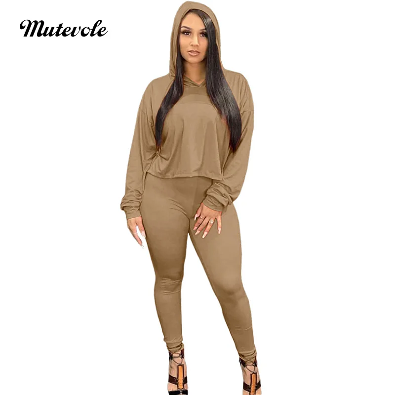 

Mutevole Женские однотонные Цвет из двух предметов спортивный костюм сексуальная с капюшоном топ и брюки, комплект повседневной одежды с длинн...