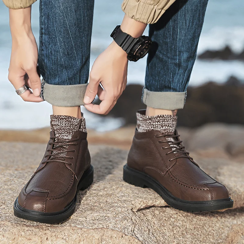 

British Style Fashion Brand Winter High Top Men's Shoes Comfort Non-slip Lace-up Casual Basic Leather Boots Casual Jeans Boots