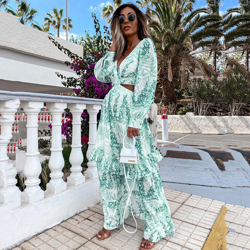 

Wefads Vintage Printed Dresses Summer Beach Long Dress Sexy Hollow Out Boho Deep V Neck Dress Women 2021 Plus Size Party Dress