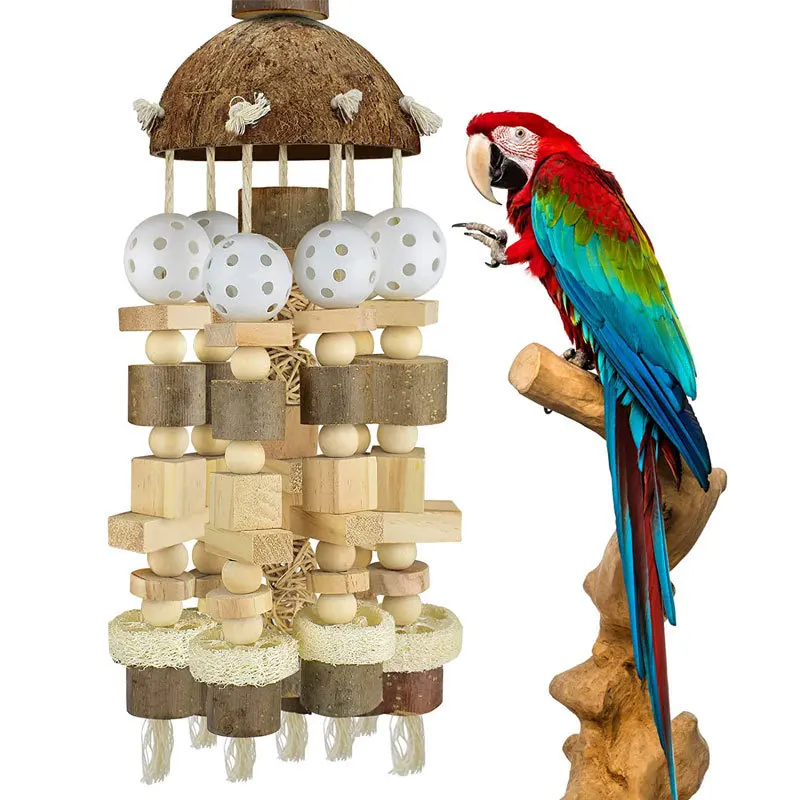 

Bird Toy Large Parrot Toy Natural Wooden Blocks Bird Chewing Toy Parrot Cage Bite Toy Suits for Macaws Parrots