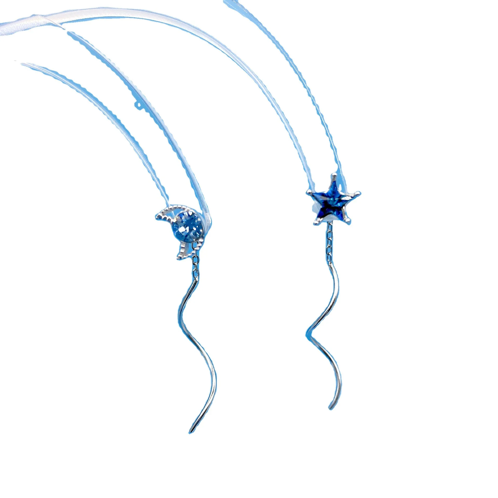 

Korea Blue Diamond Star Moon Earrings S925 pure silver tassel star moon ear line fashion anti loss earrings wholesale