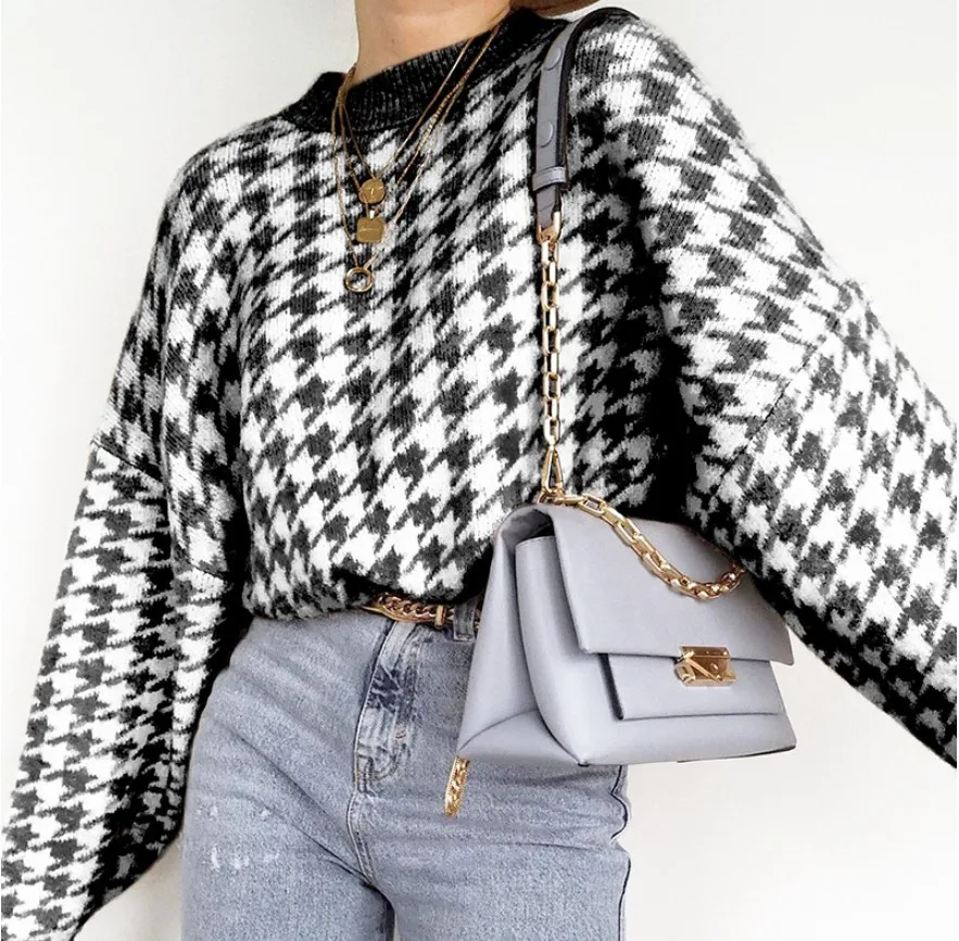 

FAKUNTN Women Casual Houndstooth Lady Pullover Sweater Female 2021 Autumn Winter Retro Jumper Women Geometric Blue Knitted