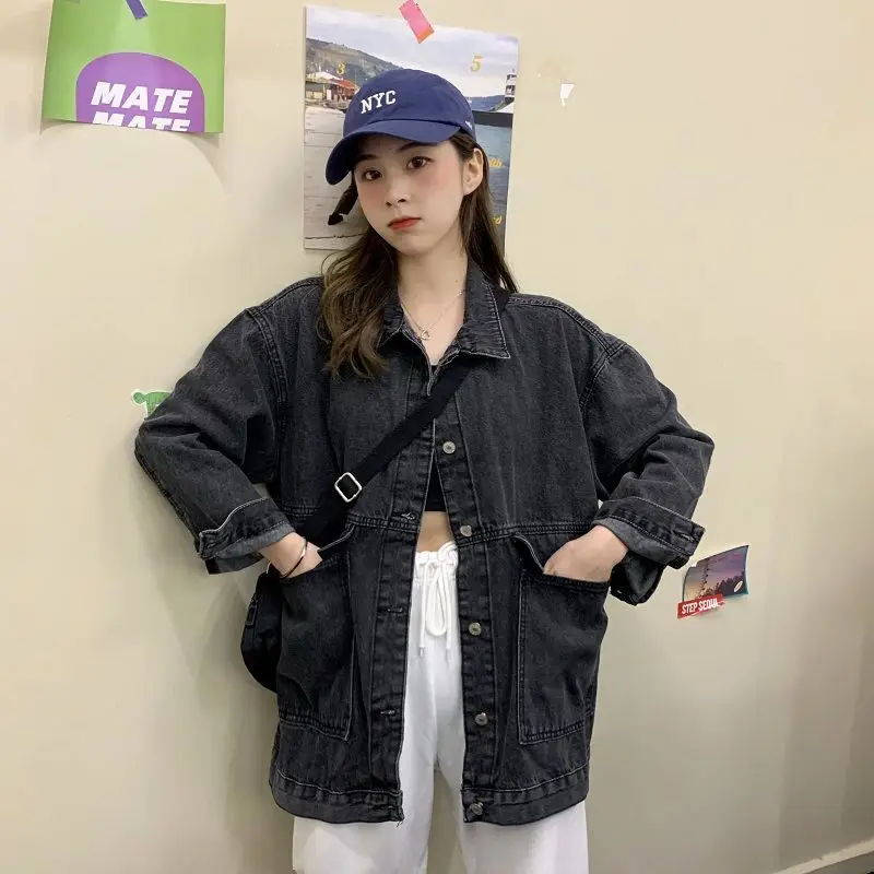 

Autumn Long Women Denim Jackets 2020 Lapel Long Sleeve Casual Jeans Jackets Vintage Loose Coats Single Breasted Oversize Outwear