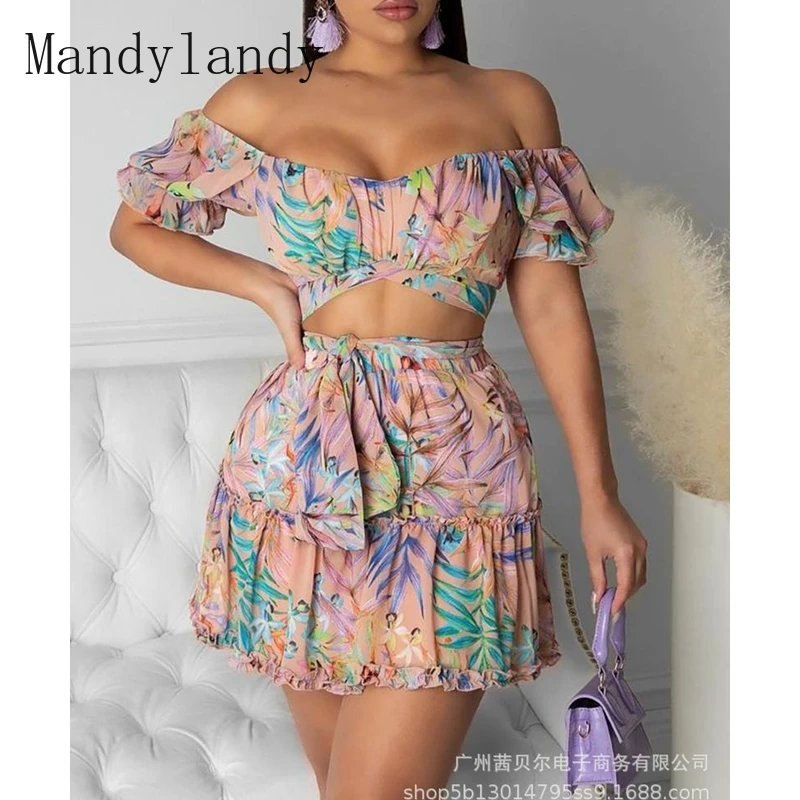 

Mandylandy Summer Short Sleeve Strapless Backless Top + Bandage Pleated Stitching Skirt Suit Women's Sexy Floral Printing Suit