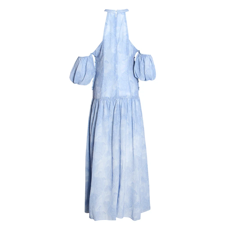 

GALCAUR Printed Elegant Dress For Women Halter Collar Puff Sleeve High Waist Vintage Maxi Dresses Female Fashion New Clothing