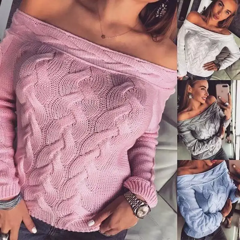 

2020 Spring Autumn Fashion New Women One-shoulder Solid Color Long-sleeve Sexy Clothes Sweater Pullovers Casual Female Kintted