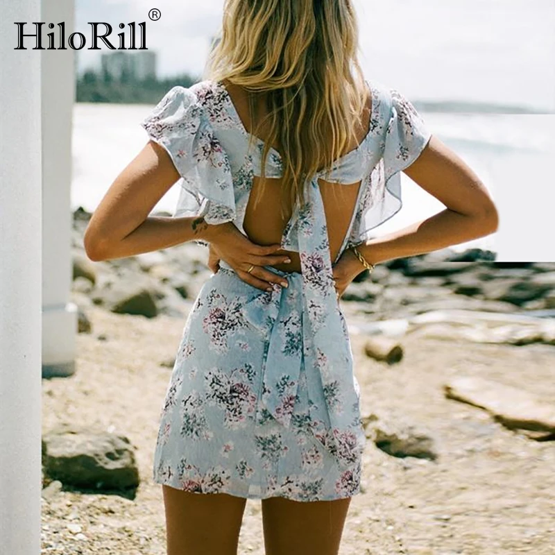 

HiloRill Women Floral Print Chiffon Mini Dress Summer Sexy V Neck Back Hollow Out Dress Ruffle Bow Tie Bodycon Party Dresses