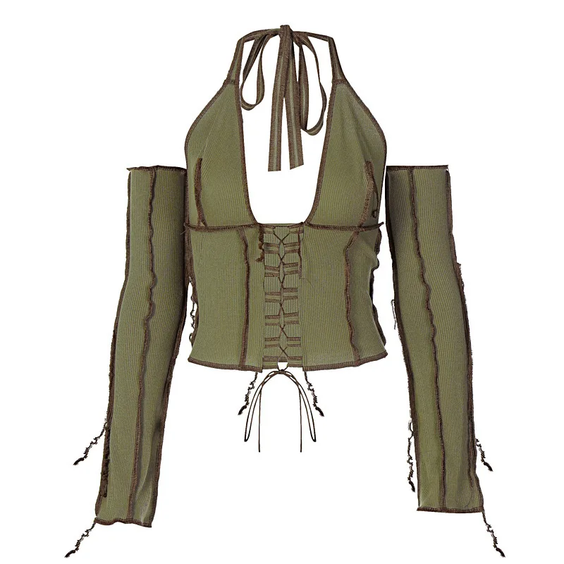 

Женский укороченный топ с открытой спиной, топ в рубчик с завязкой спереди, женская футболка с длинным рукавом, волшебный гранж, на шнуровке,...