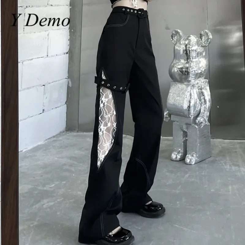 

Женские повседневные брюки Y Demo Y2k с высокой талией, кружевные лоскутные брюки с широкими штанинами и вырезами по бокам