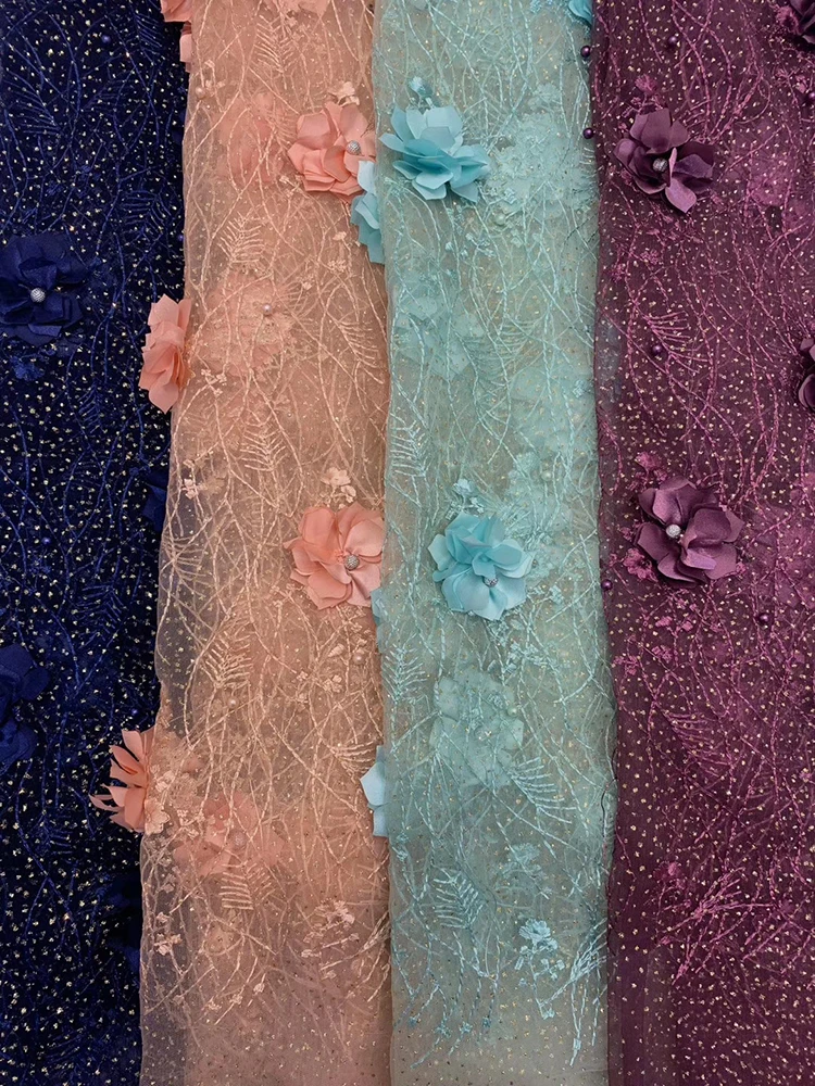

Beautifical 3d Net Lace Fabric Summer Green Design French Flower 3d Lace with Beads for Party Dress ML44N479