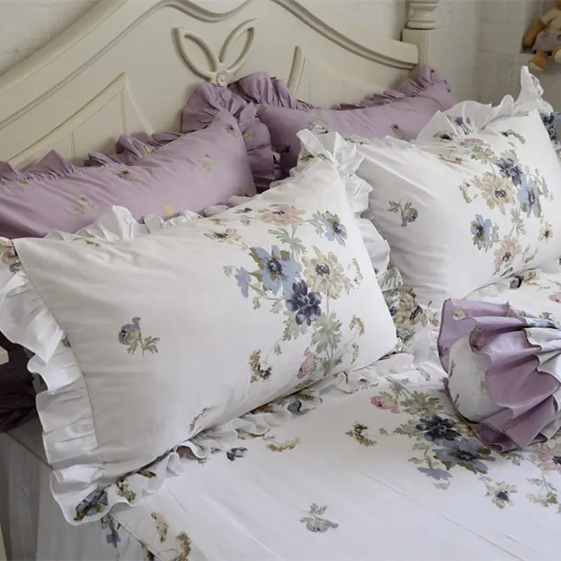

New Pastoral Bedding Set Flower Print Ruffle Duvet Cover Quality Fabric Bed Sheet Bedspread Elegant Skirt Bed Clothes Textile